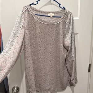 LOFT Cream and Pink Micro Floral Long-Sleeve Top